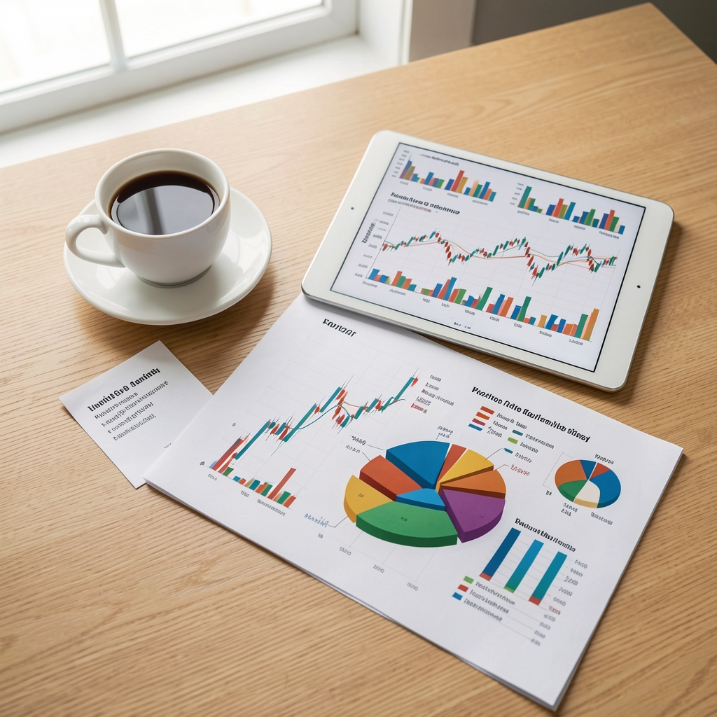 Kahve fincanı ve tablet yanında birden fazla finansal grafik raporu ve pasta grafik çizelgesi açık; analitik çalışma ortamını gösteren üstten aydınlık masa görünümü