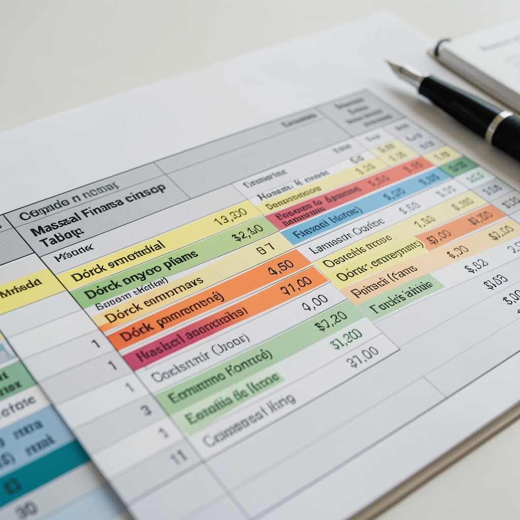 Masada açık finansal hesap tablosu, çeşitli renklerde vurgulayıcılarla işaretlenmiş borç ödeme planı; finansal planlama çalışmasını gösteren yakın çekim