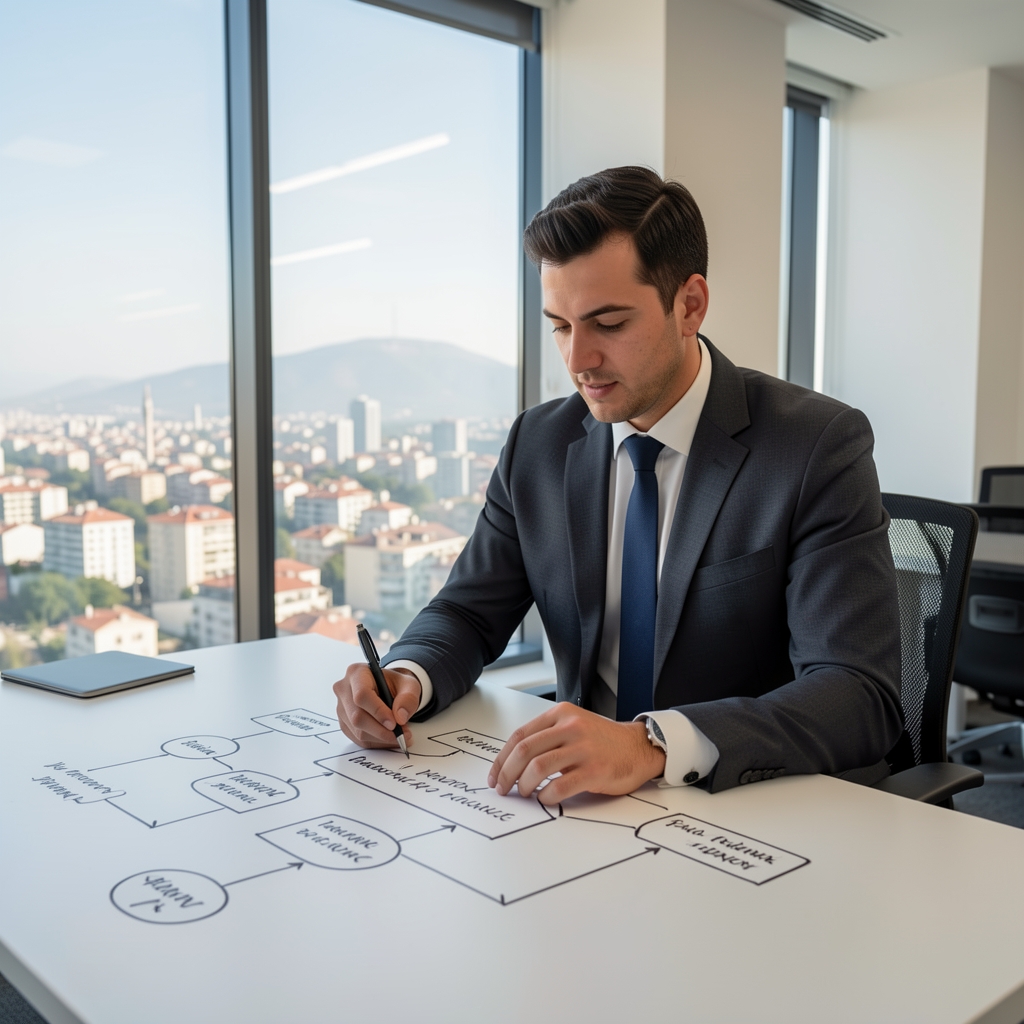 Aydınlık modern ofis ortamında beyaz tahta üzerine finansal planlama şeması çizen erkek profesyonel, arka planda büyük cam pencereden Ankara şehir manzarası görünüyor