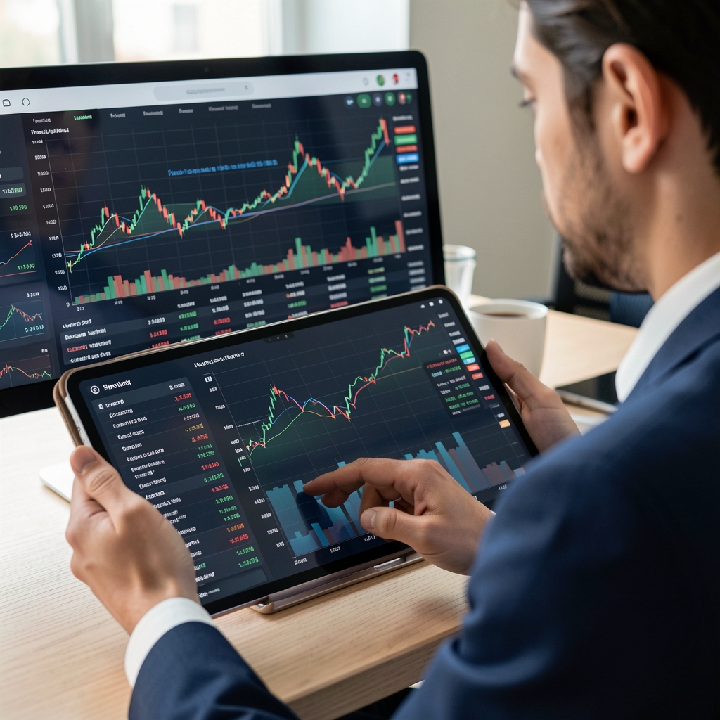 Borsa grafik ekranı önünde tablet tutan, yatırım analizi yapan bir kişinin yakın çekimi; finansal veri tabloları ve artış gösteren çizgi grafikler görünüyor